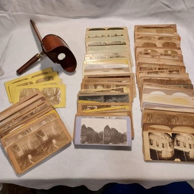 Antique Stereoscope Wooden Viewer With 120 Vintage Stereograph Cards Clear Lens