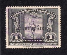 Salvador 1935 1col black Habilitado Overprint Airmail, Scott C55 used