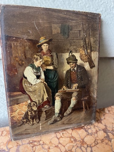 Antike bayrische rustikale Genre Öl Transfer auf Holz Münchner Volksszene um 1900 - Bild 3 von 8