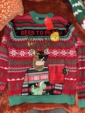 Blizzard Bay Ugly Christmas Sweater Mens Size M Deer Rex Drink Holder Pocket New