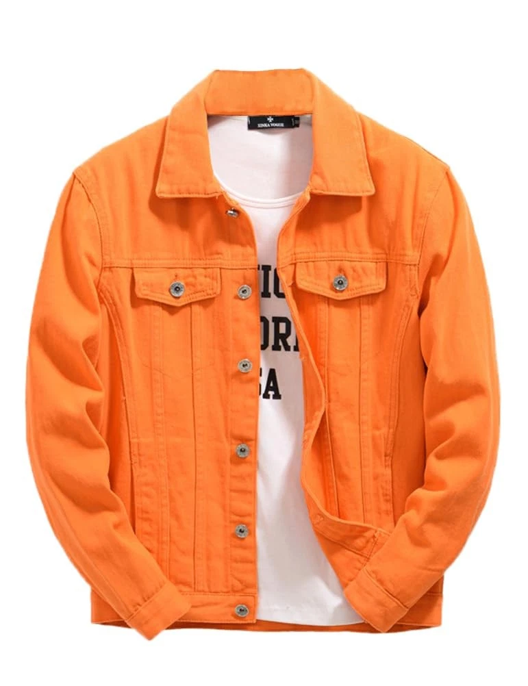 Mens Slim Fit Trucker Jean Denim Jacket Coat (Medium, Orange)