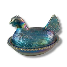 Vintage Indiana Glass Iridescent Carnival Blue Hen on Nest Covered Candy Dish 7"