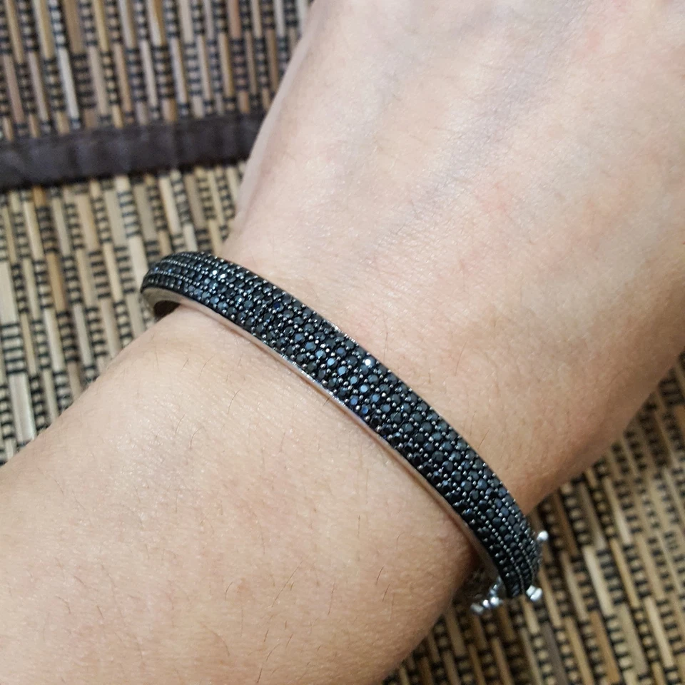 925 Sterling Silver Bracelet, Genuine Black Spinel Gemstones Bangle, 6.9" - Image 2 of 4