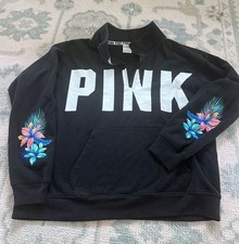 M - Victoria's Secret PINK Half-Zip Pullover Sweatshirt Tropical Floral Sleeves