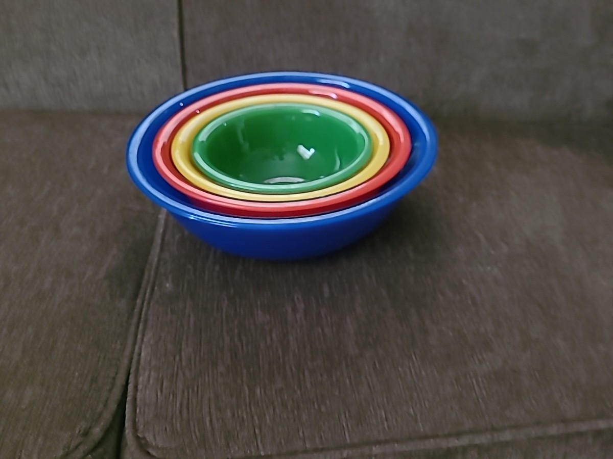 Vintage PYREX Primary Colors Set Of Glass Clear Bottom Nesting