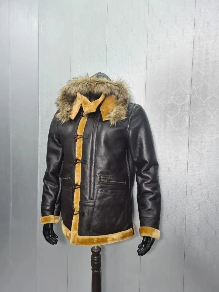 Men's B7 Hooded Real Sheepskin Coat Men Aviator Shearling Leather Coat Jacket - Image 3 of 4