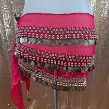 Pink Belly Dance Hip Scarf Wrap Skirt Silver Coin Festival/One Size