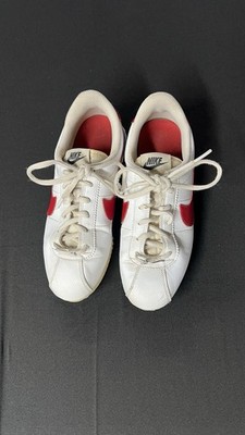 Nike Cortez Men's Low Top Leather Lace-Up Sneakers White/Red Rubber Sole