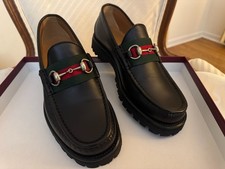 Gucci Black Leather Horsebit Web Lug Sole Loafer