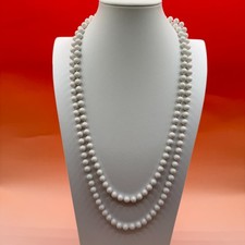 White Double Strand Bead Necklace Long Layered Classic Statement Vintage Style