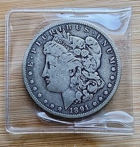 1891 $1 Morgan Silver Dollar in plastic sleeve