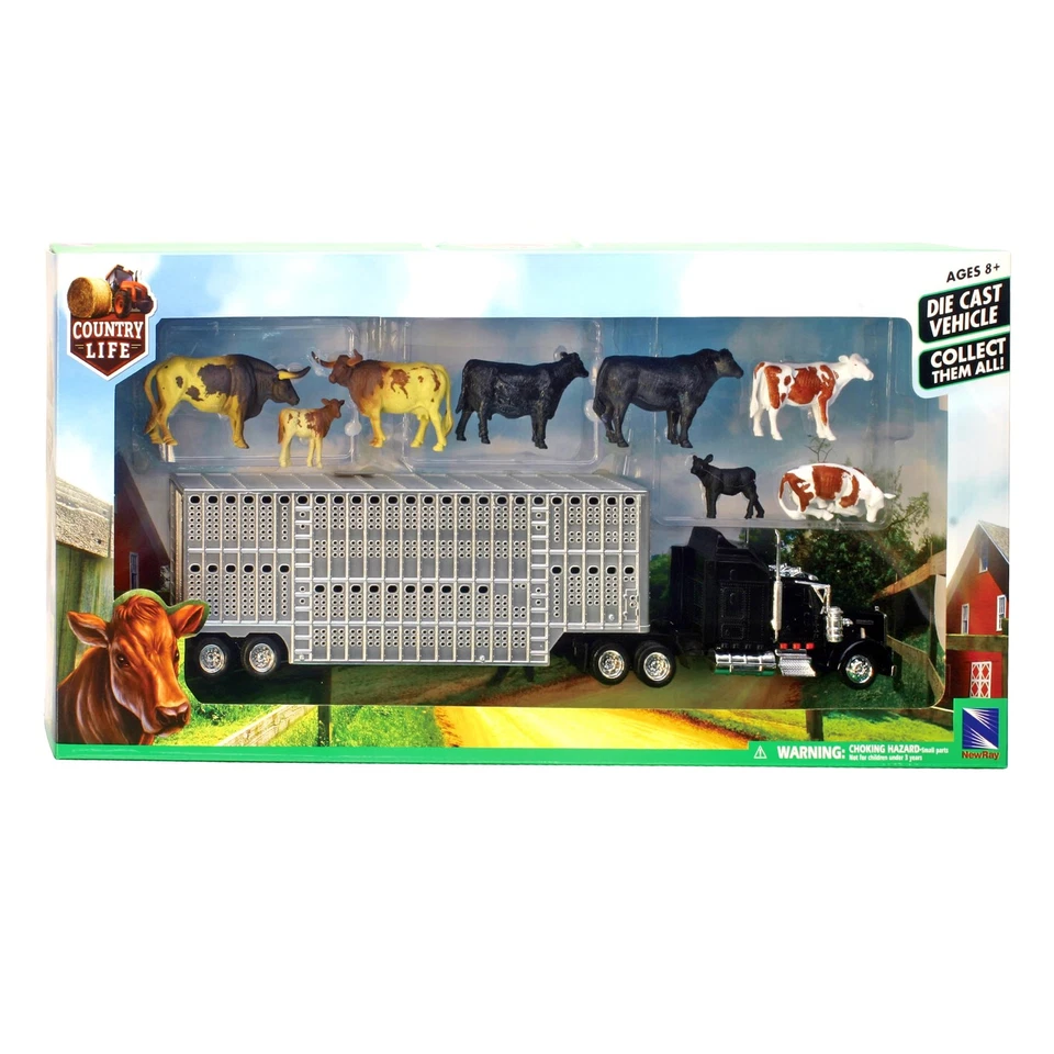 1 43 Scale Die Cast Blue Semi Cab with Livestock Trailer and 10 Cows Toys - Image 2 of 2