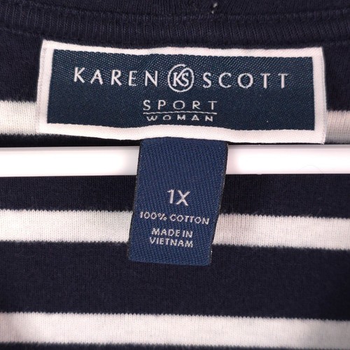 Women's Hooded Knit Top Karen Scott 3/4 Sleeve PL Blue White Stripe Size 1X - Picture 3 of 13