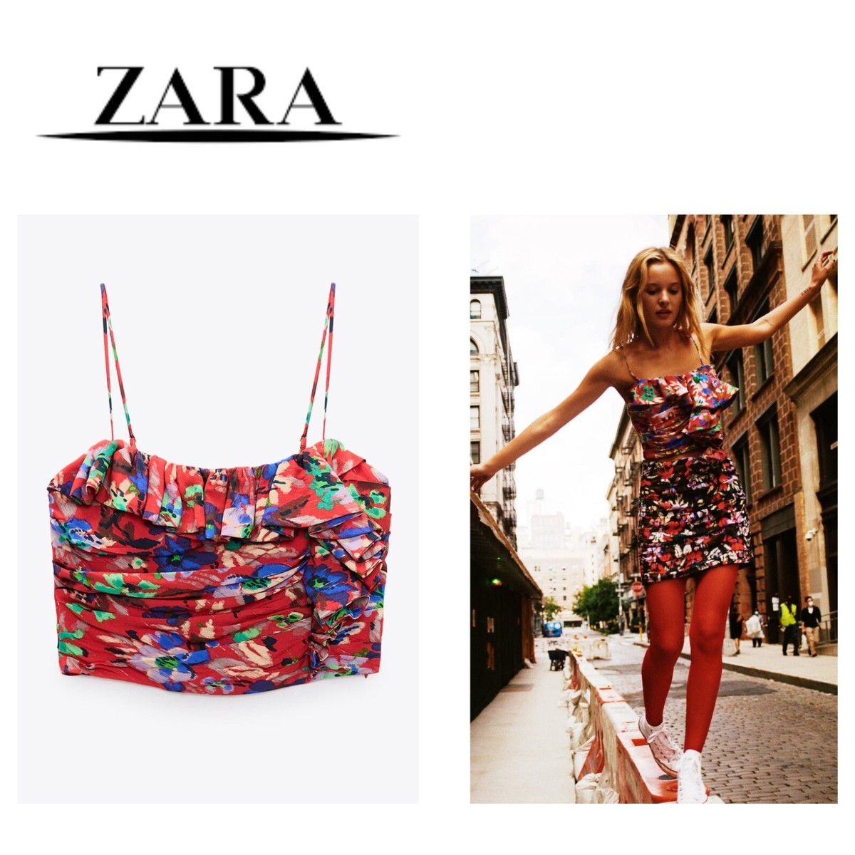 🆕️ZARA Women's Floral Print CROPT TOP LARGE Red Tropical