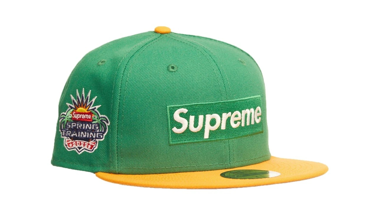 Supreme 7 3/8 New Era boîte 2 tons logo chapeau jaune vert DEADSTOCK SS22 Sonics