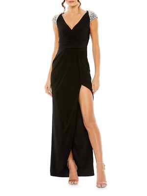 Mac Duggal Black V Neck Embellished Cap Sleeve Faux Wrap Slit Gown Size 12 $458
