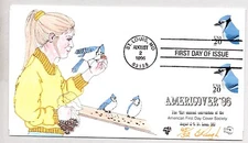 #3048 #3052 BLUE JAY PUGH HAND COLORED FDC, AFDCS AMERICOVER 1986 SATMP SHOW