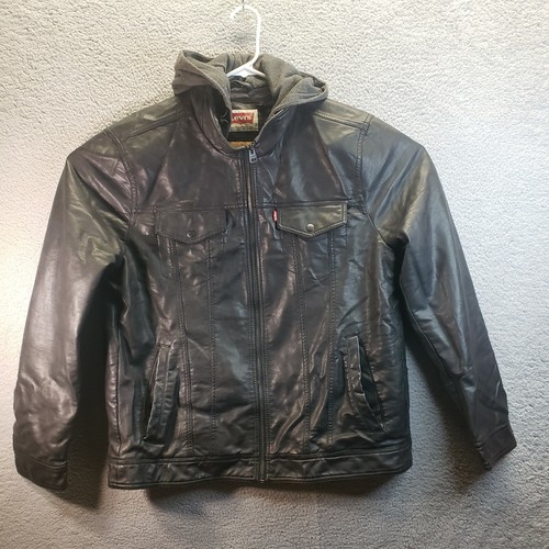 Faux Leather Hooded Full Zip Jacket 