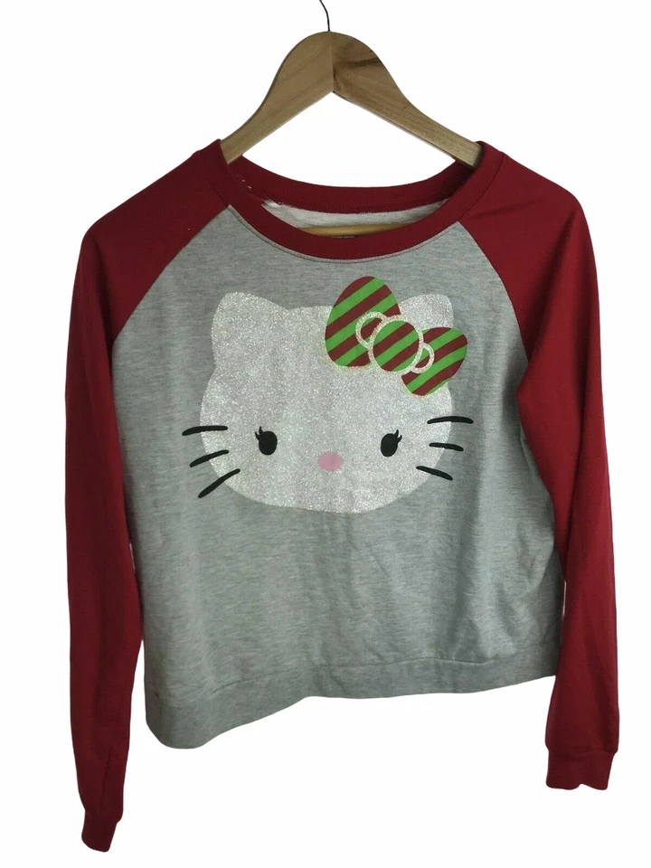 Hello Kitty Long Sleeve Shirt Holiday Christmas Red Sleeves Gray Girl's Lg 11-13 - Image 4 of 4