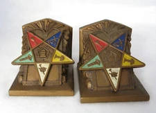 SIGNED 1922 LV ARONSON ORDER OF THE EASTERN STAR MASONIC BOOKENDS METAL ENAMEL