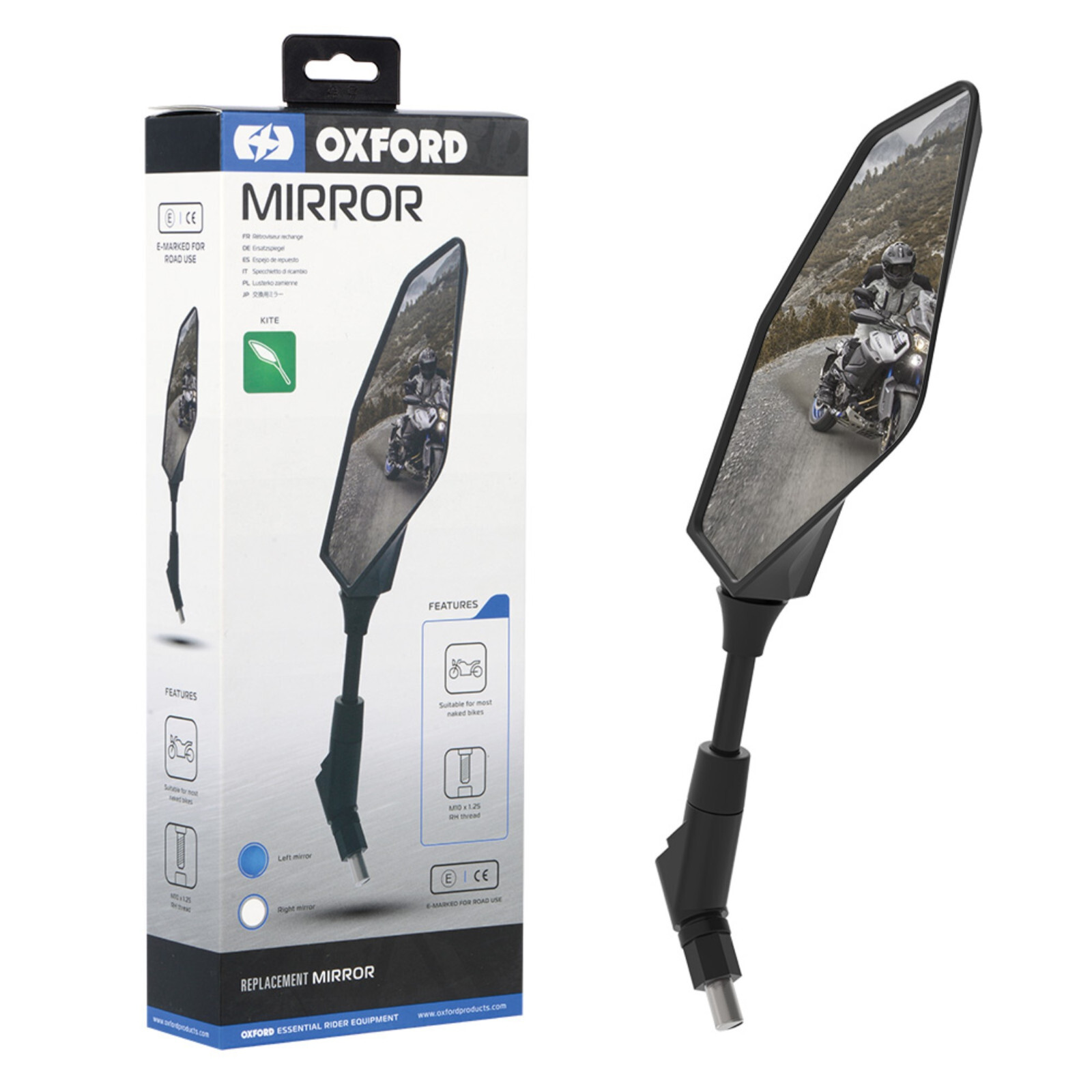 Oxford Motorcycle Mirror Kite Left Motorbike 10mm RH Thread Black E-Marked