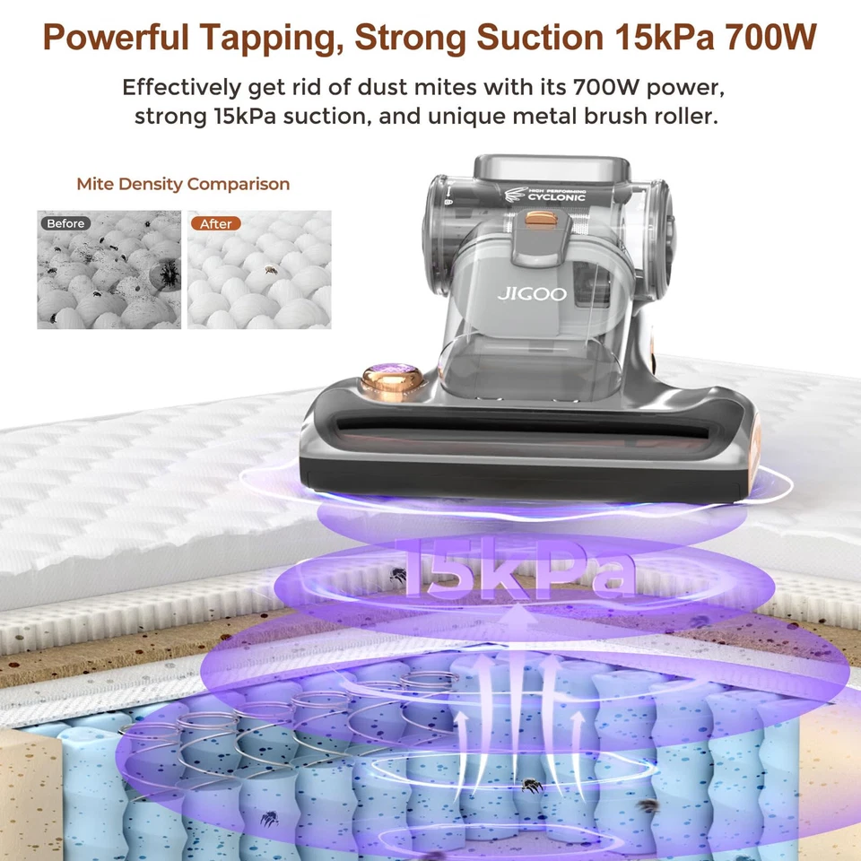 JIGOO T600 Aspirador de Ácaros 700W Aspirador Inteligente Antiácaros 15KPa Luz UV 800mW - Imagen 4 de 4