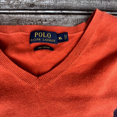 Polo Ralph Lauren Men's Size XLarge Orange Sweater Navy Polo Pony Fima  Cotton