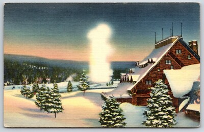 #ad Postcard Winter Scene In Yellowstone Park Showing Old Faithful Geyser Unposted $5.50