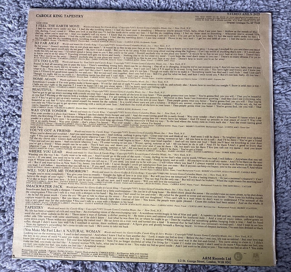 2 Original Carole King LP Vinyl Albums 1971 Tapestry AMLS 2025 Music