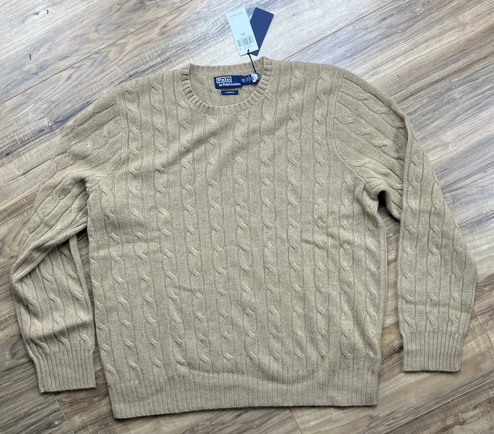 Nuevo con etiquetas Polo Ralph Lauren 100% Cachemira Tejido con Cable Tostado Camel Suéter XXL Delgado $498 Foto 2 de 4
