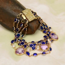 5 Strands Cultured White Pearl Purple Glass Blue Crystal Rosary Chain Bracelet