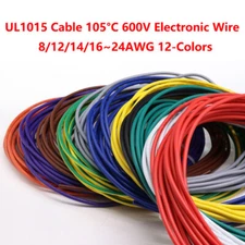 Multi-Strand UL1015 Cable 105°C 600V Electronic Wire 8/12/14/16~24AWG 12-Colors