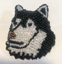 Hand Beaded Brooch Pin Husky Head 2.25”