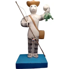 Vintage Hand Carved Wood Folk Art Cat Fishing Fish Figurine 10.5" Primitive