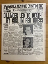 VINTAGE NEWSPAPER HEADLINE  JOHN DILLINGER LED TO DEATH GIRL IN RED DRESS 1934