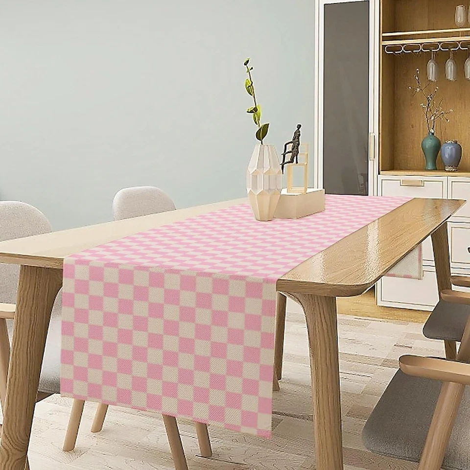 70S Hippie Table Runner Groovy Pink Grid Square Modern Geometric Boho Dinner Run - Image 2 of 4