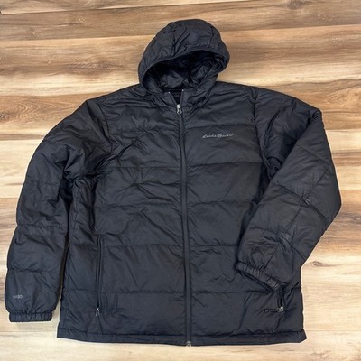 Eddie Bauer EB650 Down Puffer Jacket Mens Large Black Hooded Wide