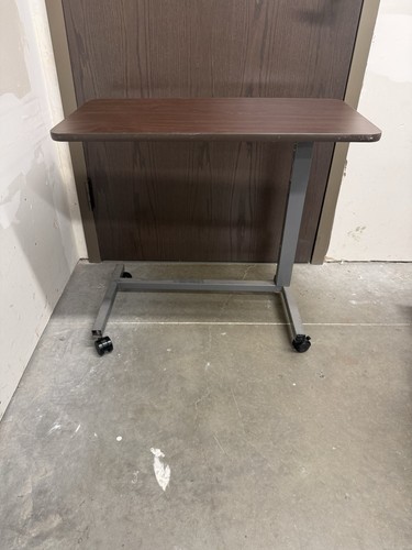Adjustable Overbed Table with Wheels, Brown Wood Top, Steel Frame, Rectangle