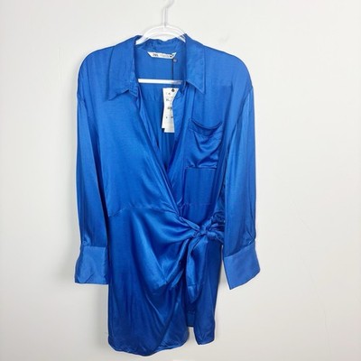 ZARA Blue Satin Effect Collared Wrap Dress Blue Deep V Neckline Size XL