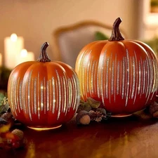 Set of 2 Illuminated Starry Night Glass Pumpkins by Valerie Orange Fall