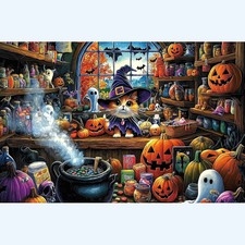 500 Piece Halloween Witch Cat Jigsaw Puzzle for Adults, Spooky Pumpkin and Ghost