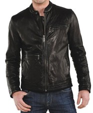 Men  s Black Real Lambskin Leather Moto Biker Jacket Motorcycle Cafe Racer Coat