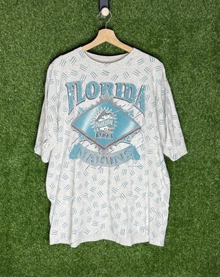 VTG 1990s Florida Marlins T Shirt AOP Mens Large Gray MLB 1993 Inaugural Year