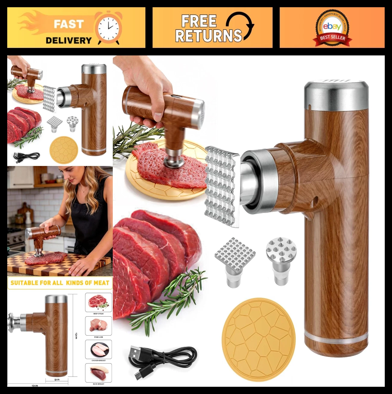 Cordless Electric Meat Tenderizer with 2 Stainless Steel Mallets, Brown