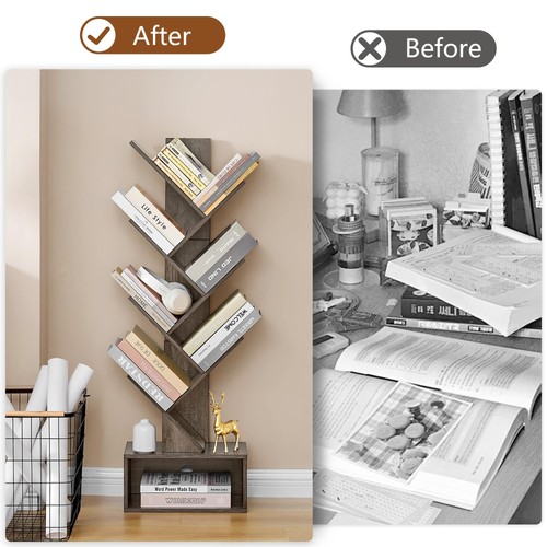 6 Tier Tree Bookshelf, Tall Bookcase with Drawer, Freestanding Book Shelf, Di... - Picture 7 of 9