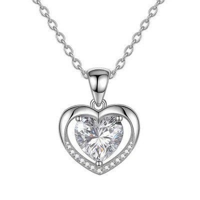 2Ct Heart Cut Real Moissanite Solitaire LOVE Necklace 14K White Gold Plated