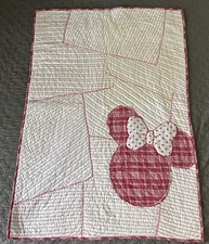 Disney Ethan Allen Mickey Stripe Baby Toddler Quilt Red Pink White Blanket *Note