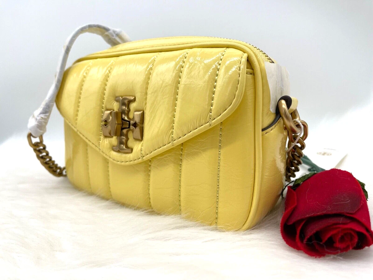 AUTH NWT 498 Tory Burch Kira Quilt Patent Leather Camera Bag In Vintage Lemon