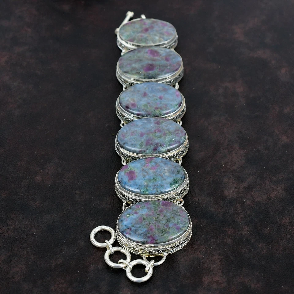 Овальный натуральный рубин в синий кианит серебро 925 пробы винтажный новый браслет-цепочка - Изображение 4 из 4