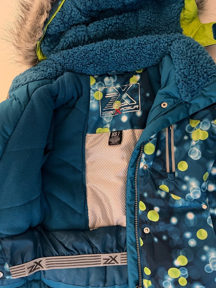 ZeroXposur девочек нулевой экспозиции зеленый бирюзовый пузырьки с капюшоном пальто лыж куртка XS 4/5 - Изображение 3 из 4